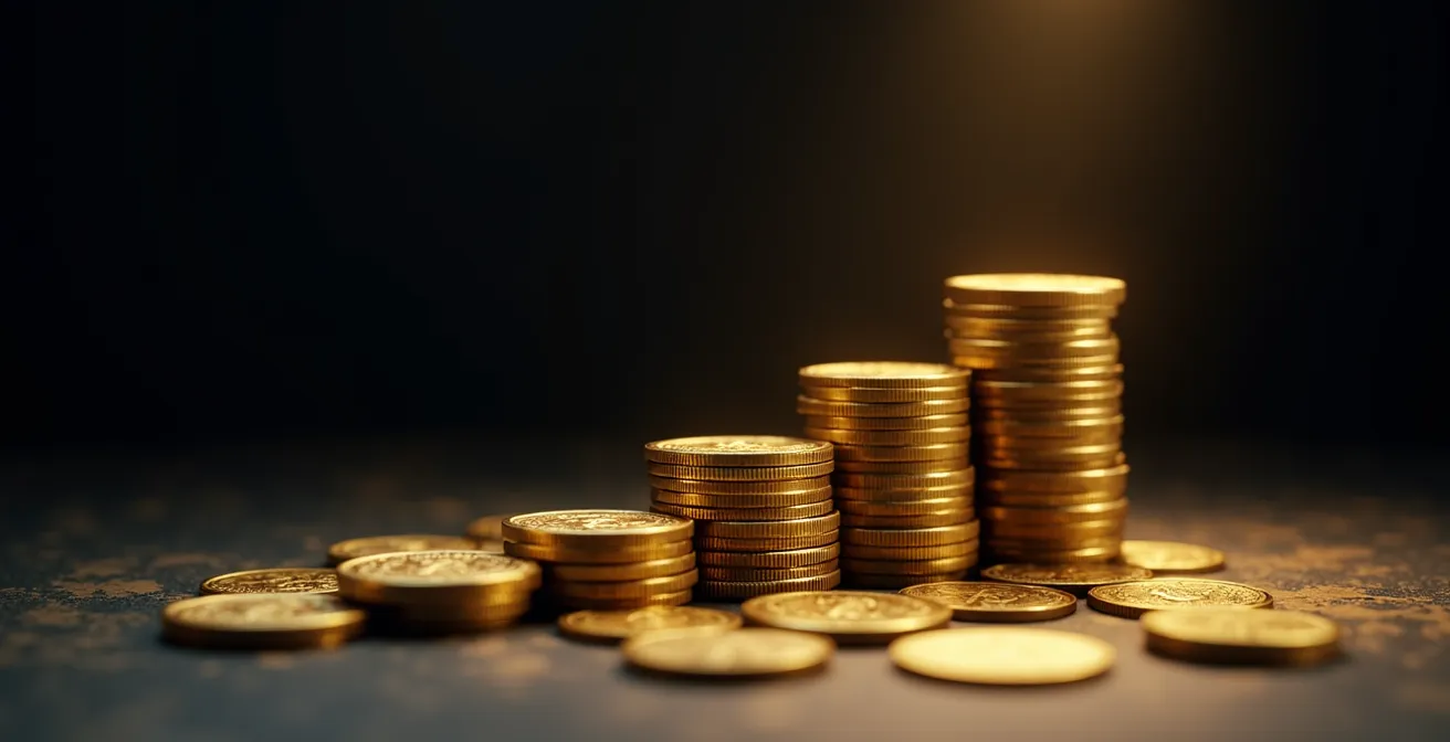 Pile de pièces de monnaie diminuant progressivement en taille, symbolisant l'érosion du capital par les frais empilés.