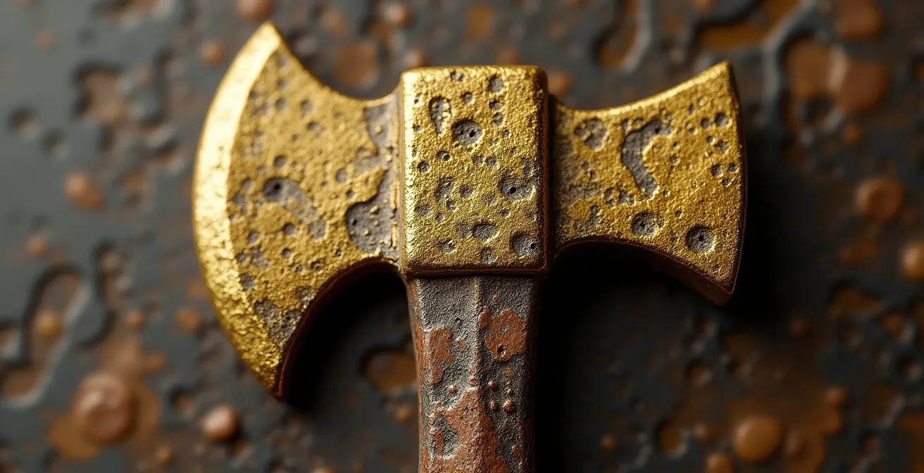 Détail macro d'une surface métallique dorée avec patine naturelle, illustrant l'érosion du capital au fil du temps.