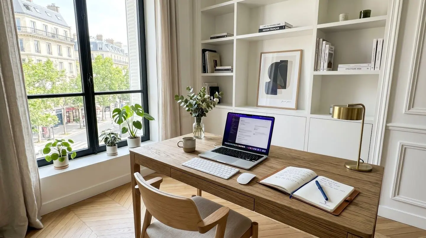 Bureau à domicile moderne avec un ordinateur portable ouvert et un carnet de notes, baigné de lumière naturelle venant d'une fenêtre