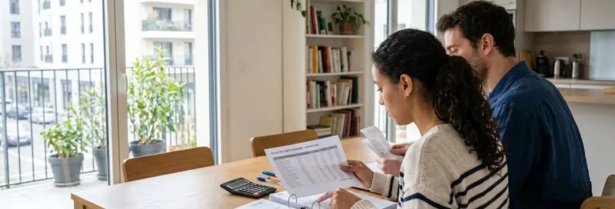 Un couple vu de dos consulte des documents financiers et une calculatrice posés sur une table moderne dans un salon lumineux