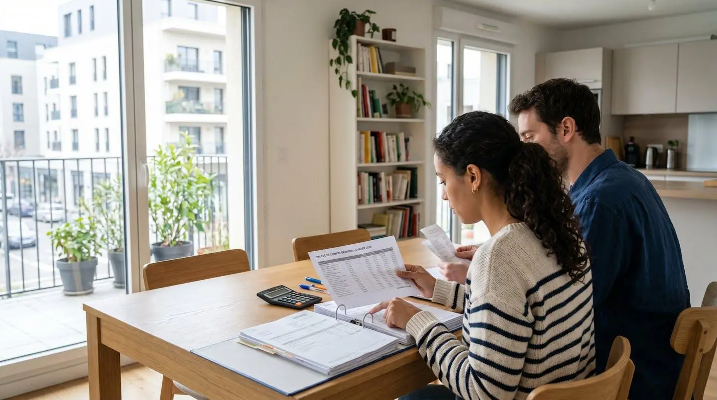 Un couple vu de dos consulte des documents financiers et une calculatrice posés sur une table moderne dans un salon lumineux