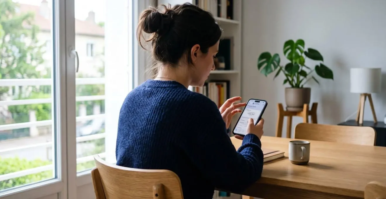 Une personne vue de dos consulte une application bancaire sur son smartphone dans un intérieur moderne baigné de lumière naturelle