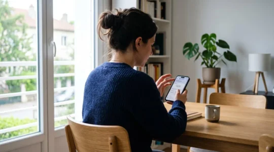 Une personne vue de dos consulte une application bancaire sur son smartphone dans un intérieur moderne baigné de lumière naturelle