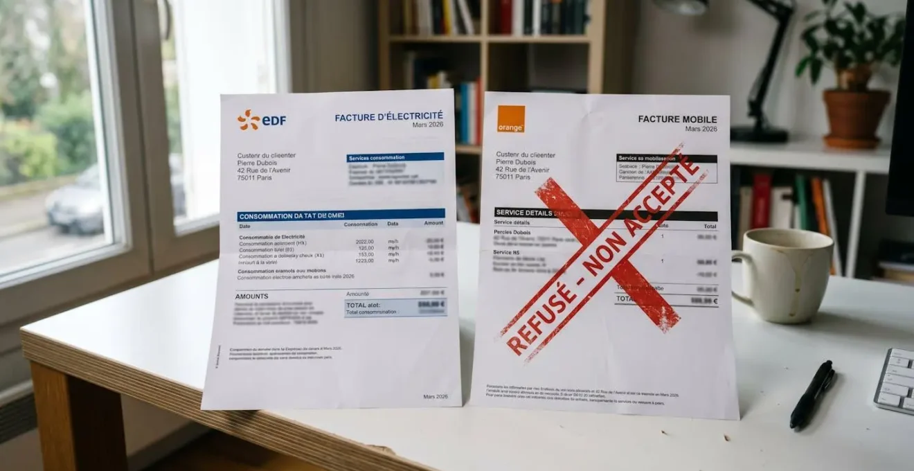 Deux factures posées côte à côte sur un bureau pour comparaison : une facture d'électricité acceptée et une facture de téléphone mobile non acceptée comme justificatif de domicile