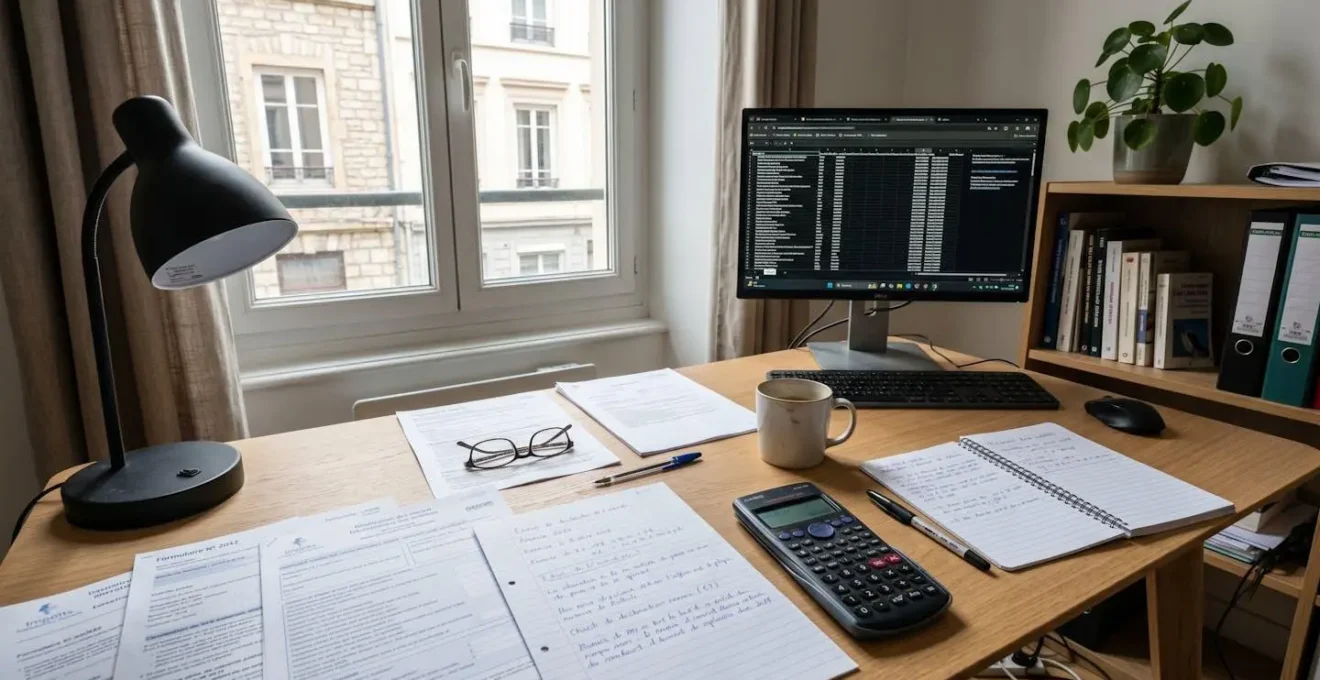 Bureau de travail à domicile organisé avec documents fiscaux, calculatrice et formulaires administratifs français éparpillés
