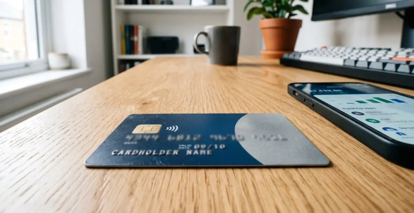 Gros plan macro d'une carte bancaire Visa posée sur un bureau contemporain avec un smartphone montrant une application bancaire en arrière-plan flouté