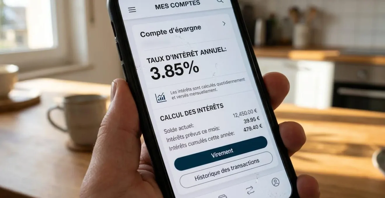 Écran de smartphone affichant l'interface d'une application bancaire moderne avec un pourcentage de taux d'intérêt et des calculs de rendement