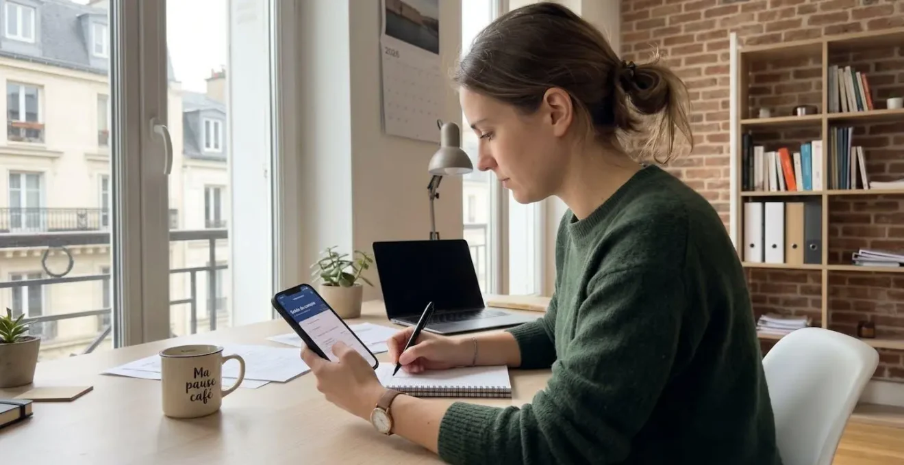 Une jeune femme en vêtements décontractés consulte une application bancaire sur son smartphone tout en prenant des notes à son bureau à domicile