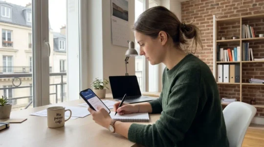 Une jeune femme en vêtements décontractés consulte une application bancaire sur son smartphone tout en prenant des notes à son bureau à domicile