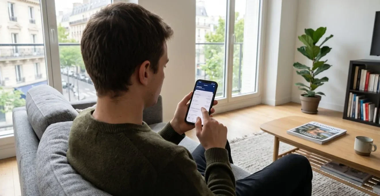 Jeune adulte de dos assis dans un canapé moderne utilisant un smartphone pour consulter son compte bancaire dans un salon lumineux avec lumière naturelle