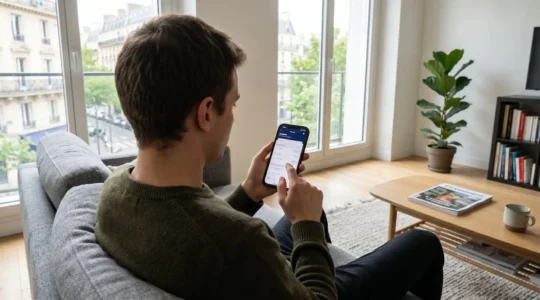 Jeune adulte de dos assis dans un canapé moderne utilisant un smartphone pour consulter son compte bancaire dans un salon lumineux avec lumière naturelle