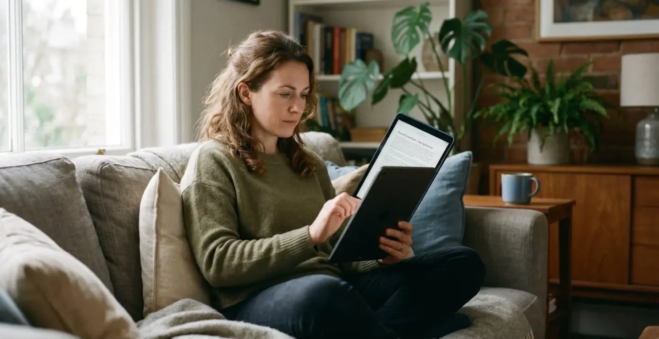 Une personne consultant les conditions d'une assurance sur une tablette numérique, dans un environnement domestique calme