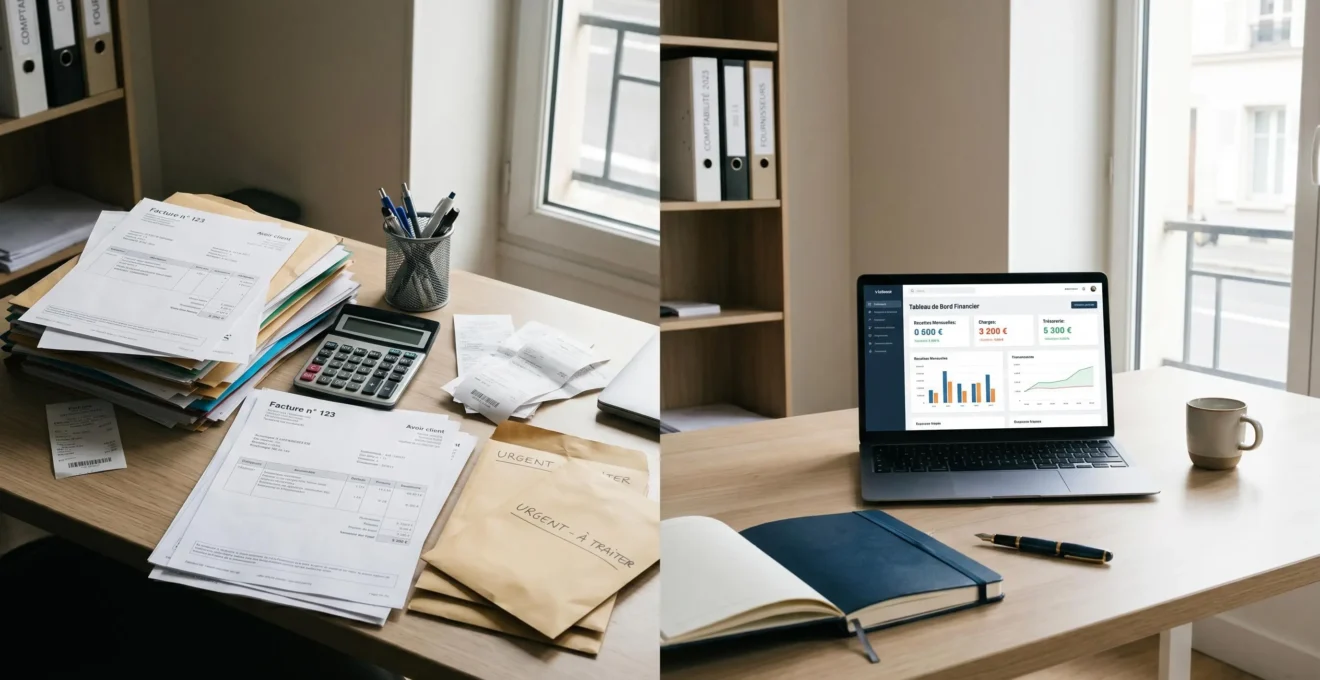 Balance en bois avec pile de documents papier à gauche et tablette numérique à droite, en équilibre parfait sur surface claire