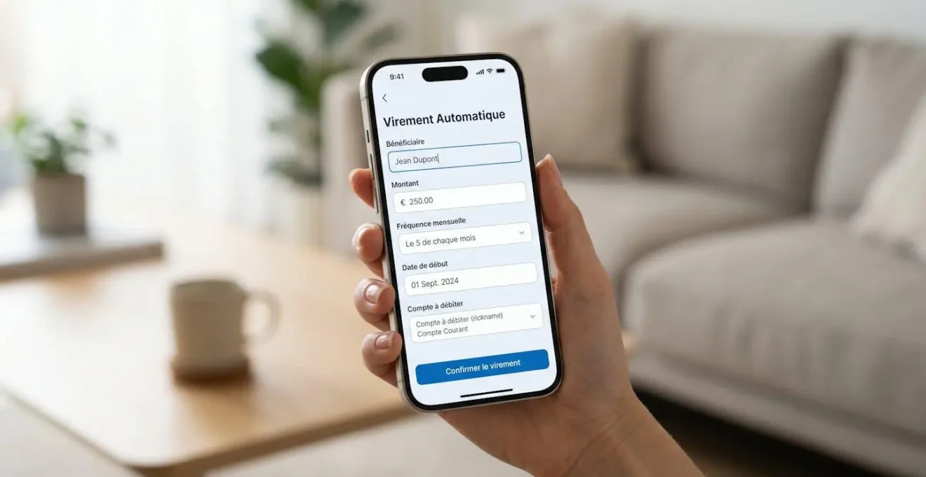 Écran de smartphone affichant un formulaire de virement automatique programmé avec champs en français