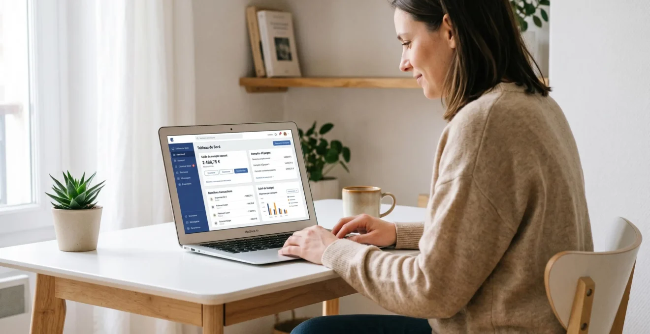 Personne consultant une interface bancaire en français sur ordinateur portable dans un bureau contemporain lumineux avec café et plante verte