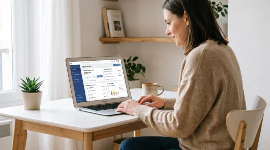 Personne consultant une interface bancaire en français sur ordinateur portable dans un bureau contemporain lumineux avec café et plante verte