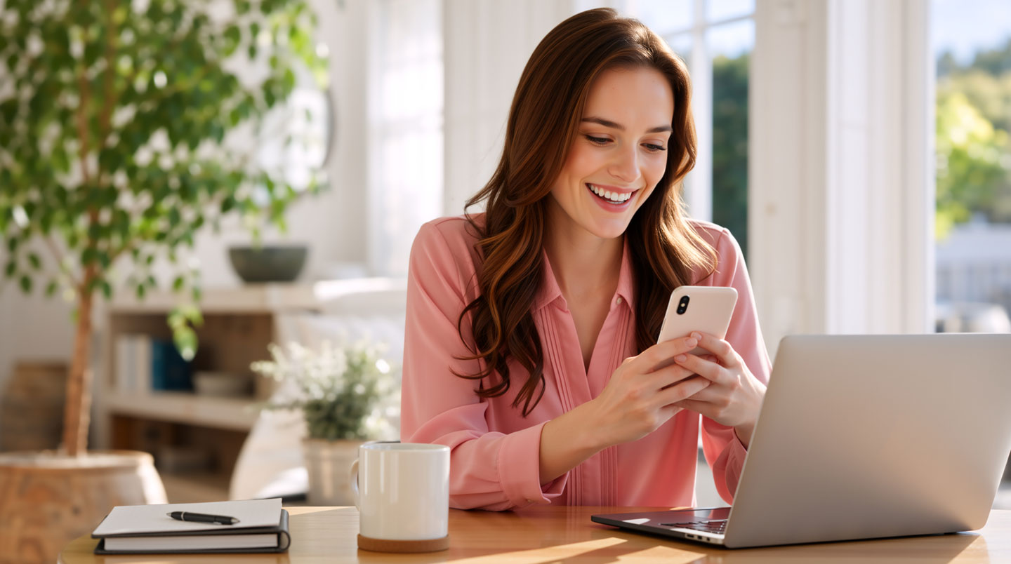 Freelance professionnelle française consultant son compte bancaire professionnel sur smartphone dans un espace de coworking contemporain