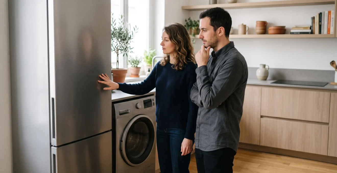 Un couple dans une cuisine moderne observe attentivement les mensualites d'un financement pour de l'electromenager