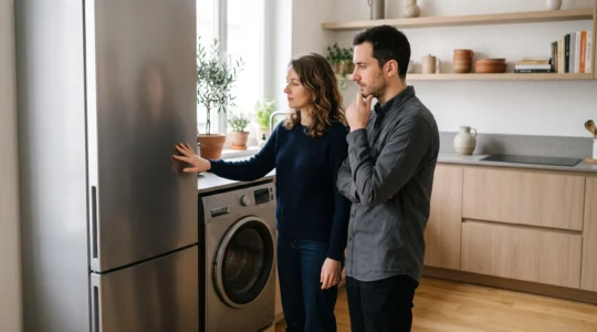 Un couple dans une cuisine moderne observe attentivement les mensualites d'un financement pour de l'electromenager