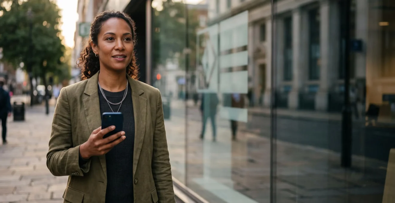 Personne consultant sereinement son telephone dans la rue, avec le reflet flou d'une agence bancaire traditionnelle en arriere-plan, symbolisant la transition vers le tout-mobile