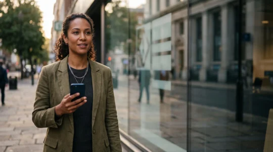 Personne consultant sereinement son telephone dans la rue, avec le reflet flou d'une agence bancaire traditionnelle en arriere-plan, symbolisant la transition vers le tout-mobile