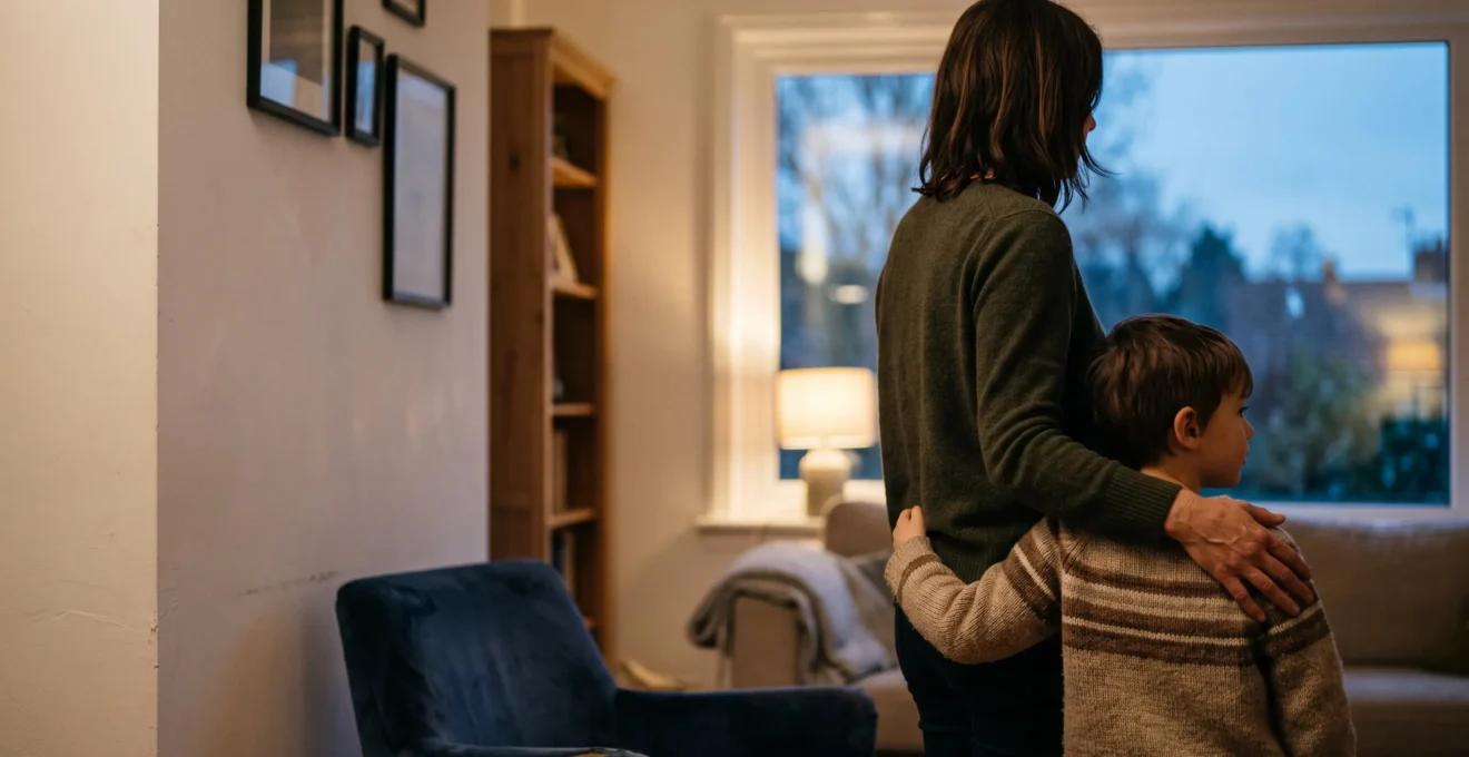 Photographie symbolique d'une famille protegee financierement grace a une assurance-vie, scene intimiste en interieur au coucher du soleil