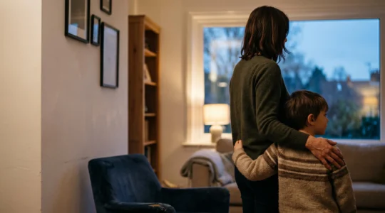 Photographie symbolique d'une famille protegee financierement grace a une assurance-vie, scene intimiste en interieur au coucher du soleil