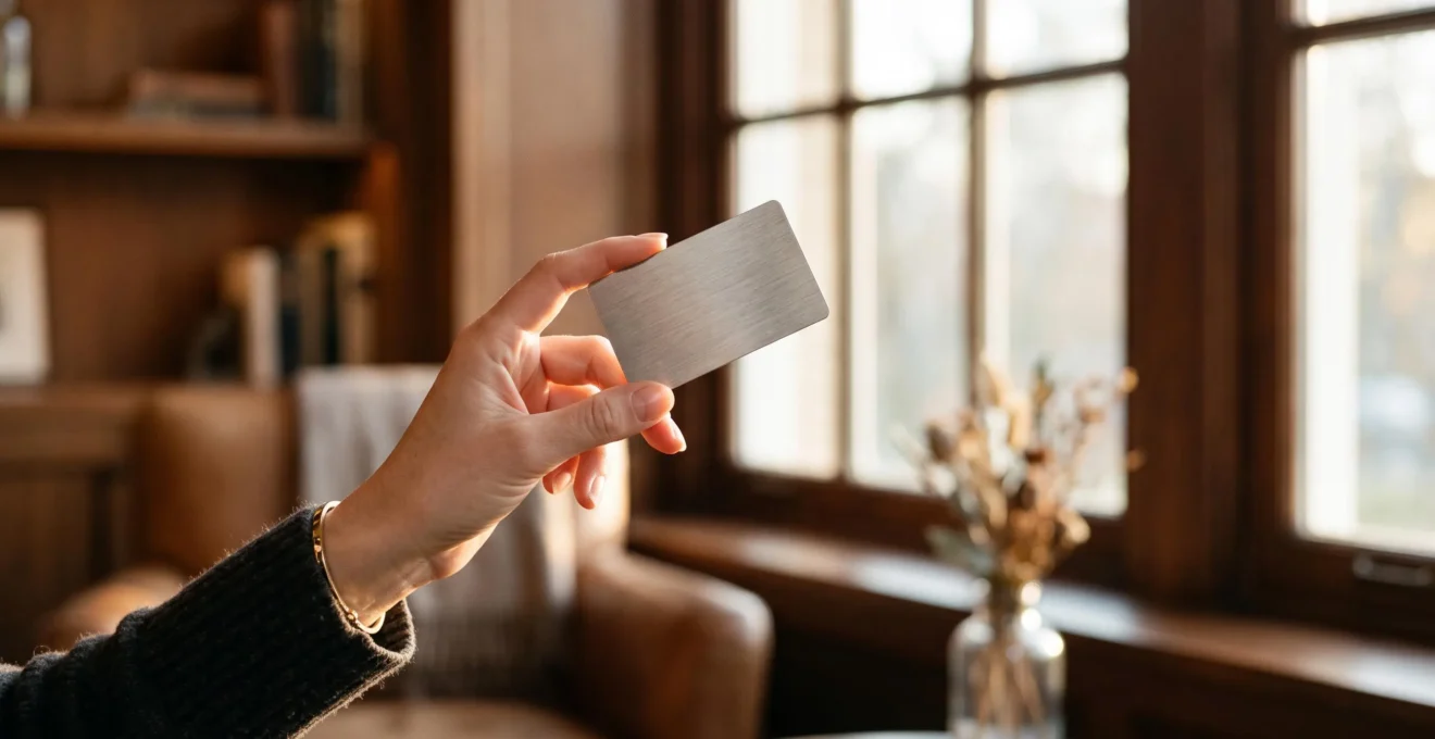 Main tenant une carte bancaire haut de gamme en métal, symbole du dilemme entre coût premium et valeur réelle des services