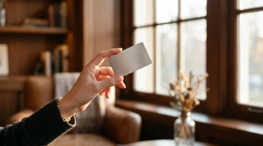 Main tenant une carte bancaire haut de gamme en métal, symbole du dilemme entre coût premium et valeur réelle des services