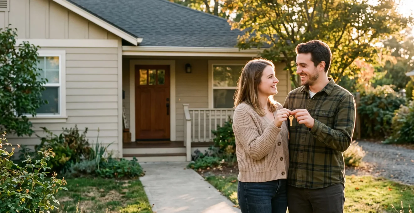 Couple tenant une clé de maison au coucher du soleil, symbole de la concrétisation d'un projet immobilier financé par un prêt sur 25 ans