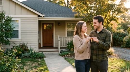 Couple tenant une clé de maison au coucher du soleil, symbole de la concrétisation d'un projet immobilier financé par un prêt sur 25 ans