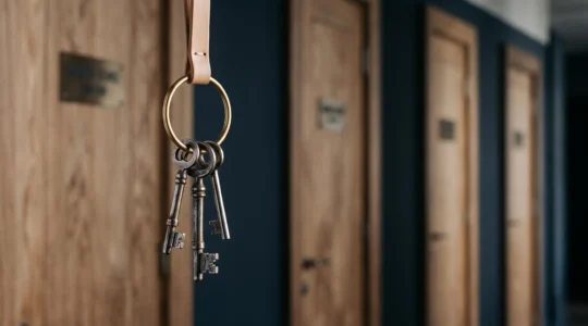 Trousseau de clés dorées suspendu devant une série de portes fermées symbolisant les fonctions cachées d'un espace client