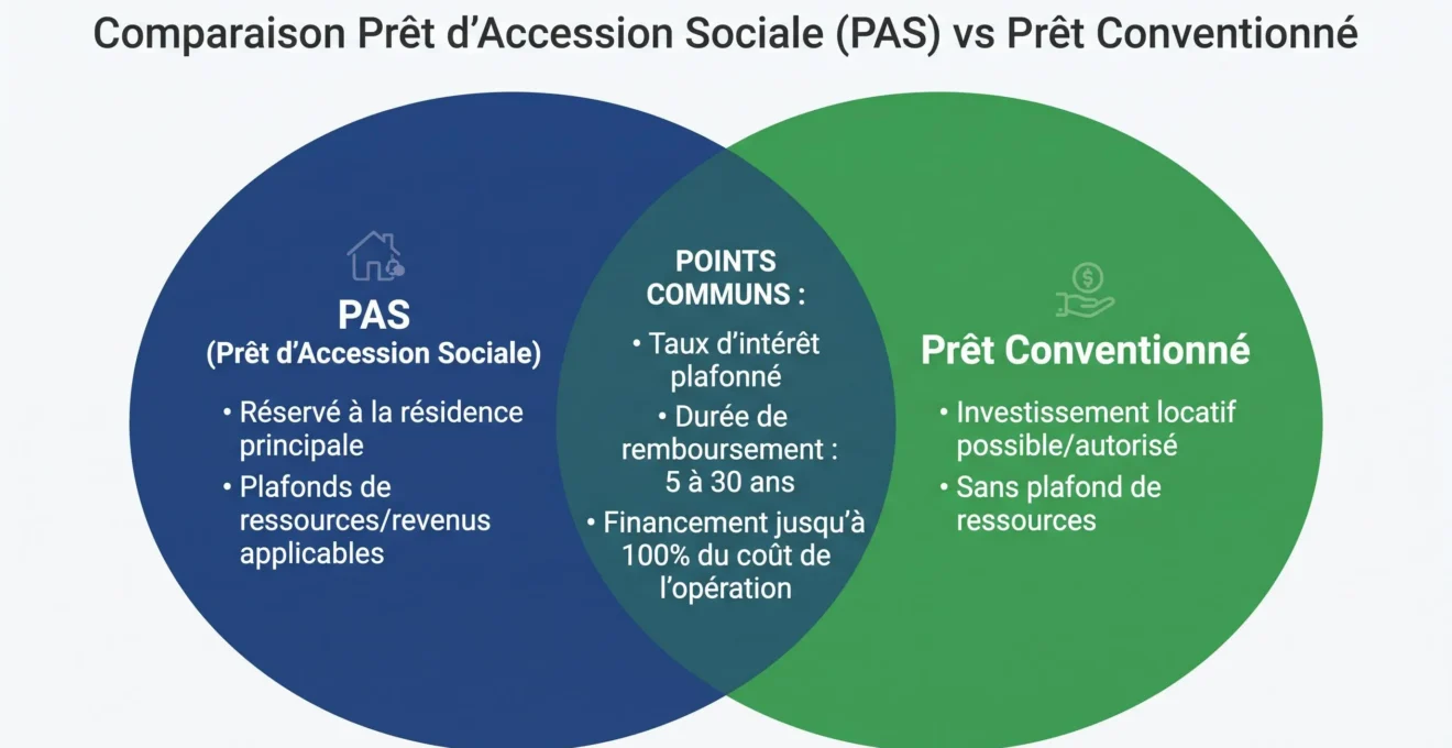 Diagramme de Venn illustrant les différences et points communs entre PAS et prêt conventionné sur le critère de l'investissement locatif