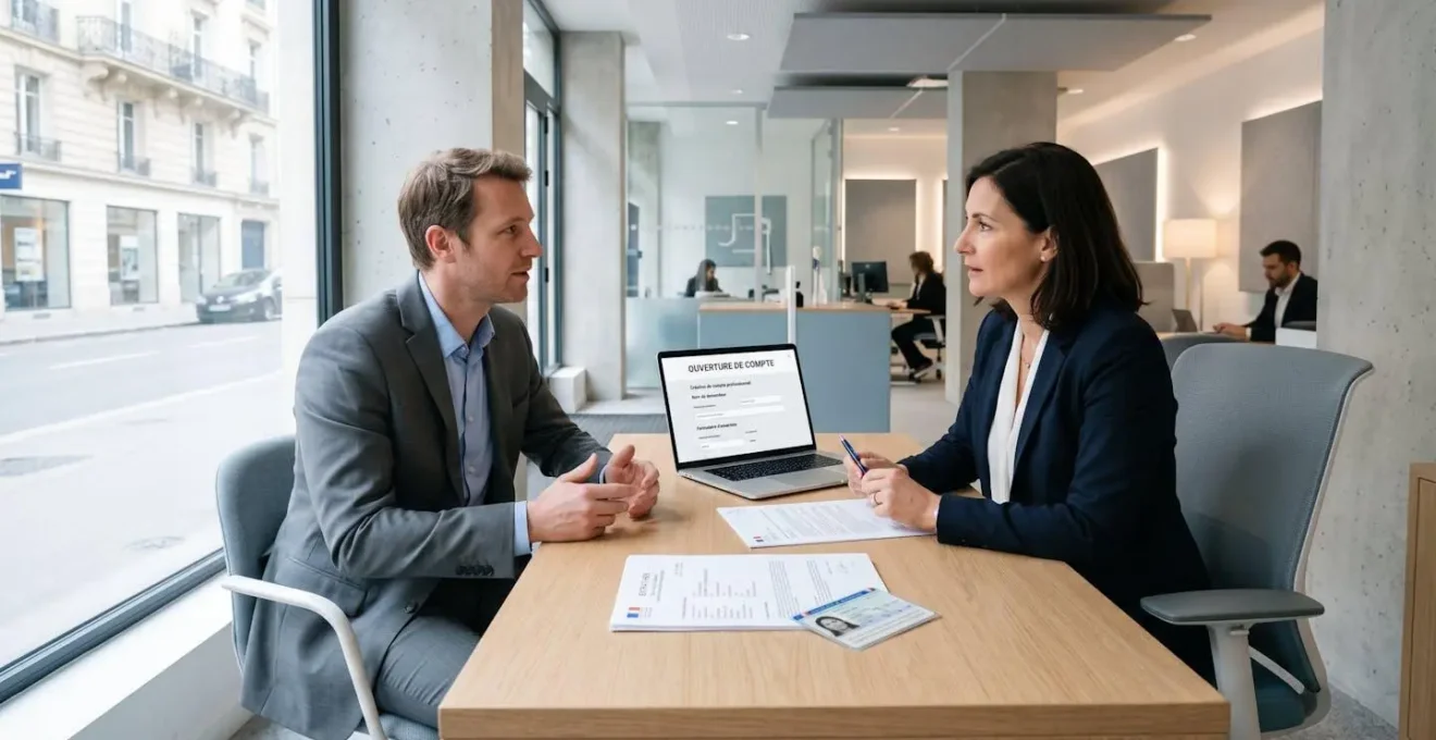 Conseiller bancaire professionnel accompagnant un entrepreneur lors d'un rendez-vous d'ouverture de compte professionnel dans une agence contemporaine française, documents officiels et interface de création de compte visibles