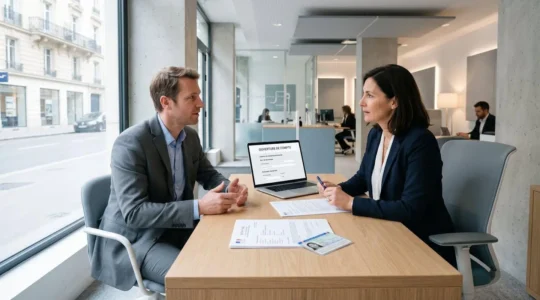 Conseiller bancaire professionnel accompagnant un entrepreneur lors d'un rendez-vous d'ouverture de compte professionnel dans une agence contemporaine française, documents officiels et interface de création de compte visibles