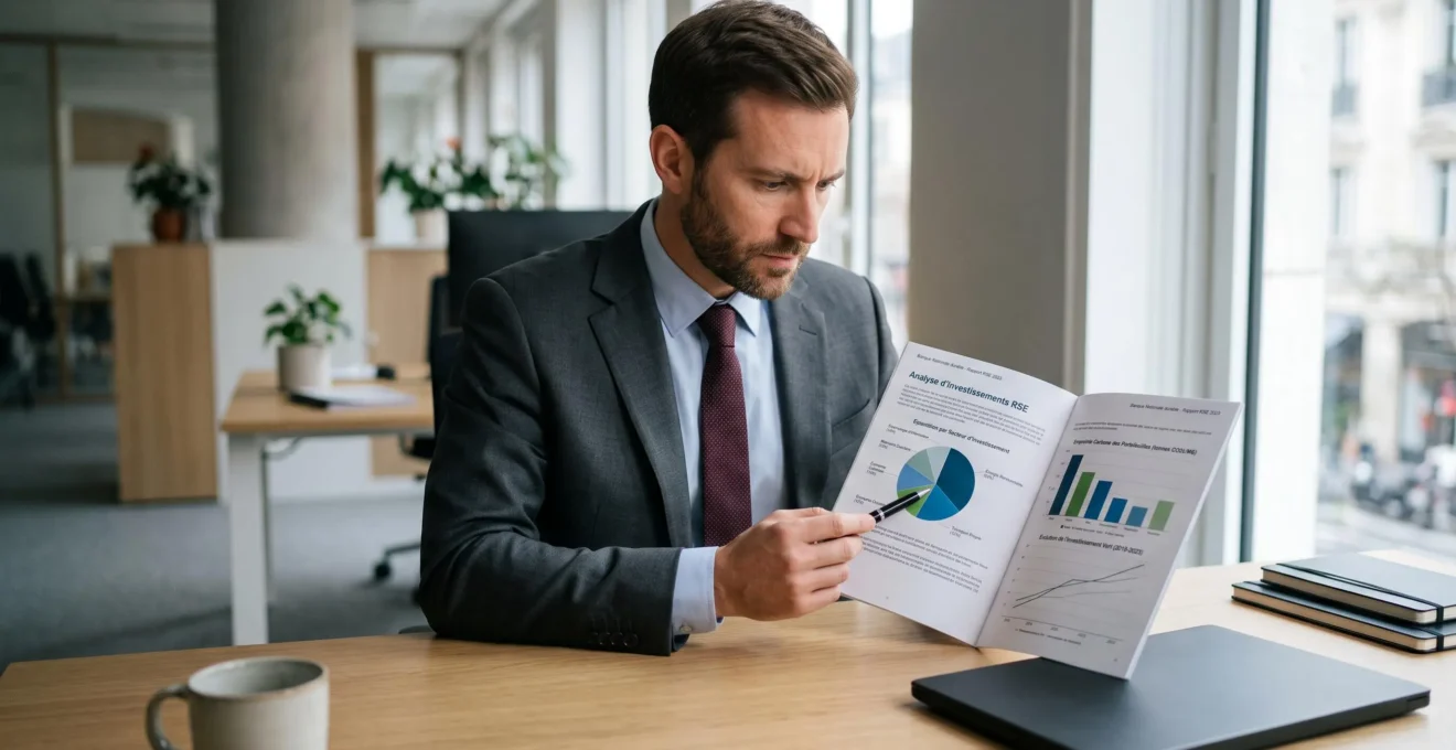 Conseiller en finance responsable analysant rapport RSE bancaire avec graphiques ESG détaillés (répartition sectorielle, empreinte carbone) sur bureau professionnel contemporain.