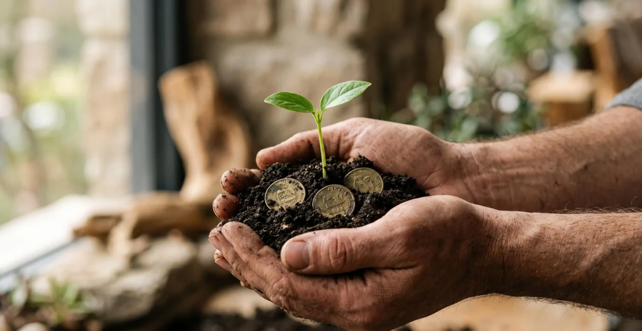 Mains tenant un jeune plant qui pousse dans un sol composé de pièces de monnaie, symbolisant la constitution progressive d'un capital sur douze ans