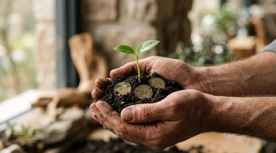 Mains tenant un jeune plant qui pousse dans un sol composé de pièces de monnaie, symbolisant la constitution progressive d'un capital sur douze ans