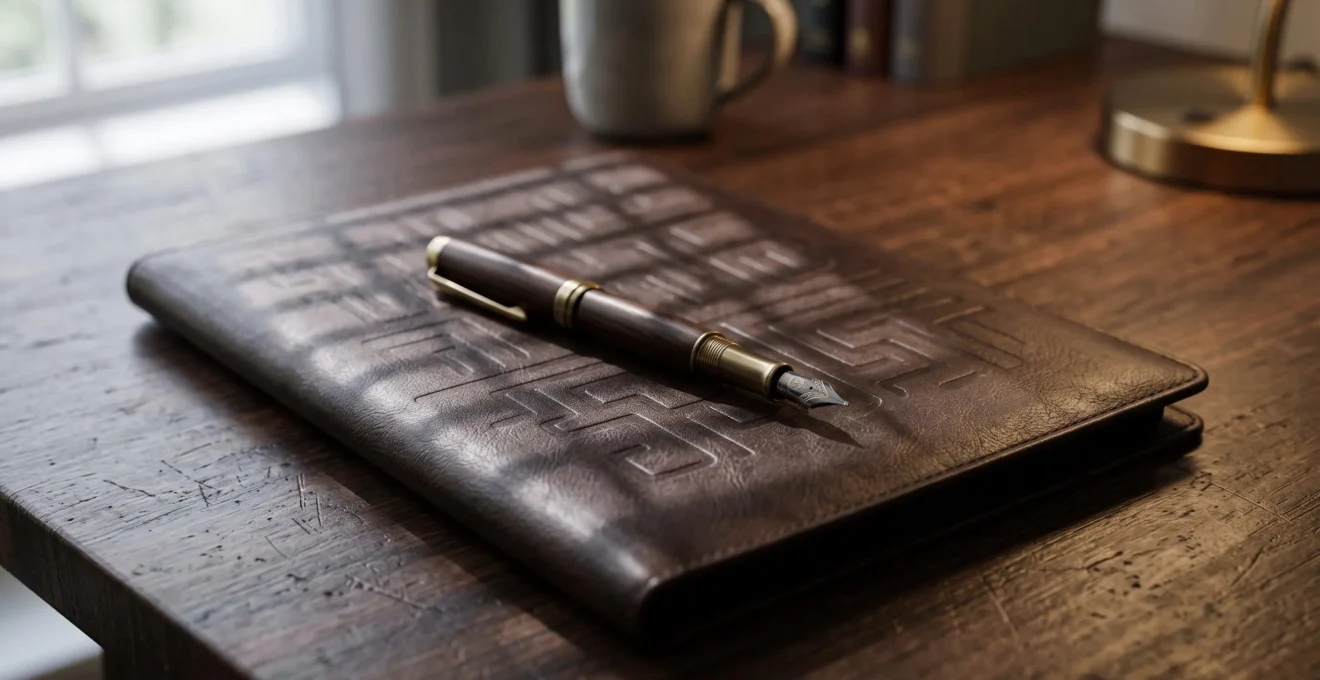 Stylo posé sur un portefeuille en cuir fermé, évoquant les clauses cachées d'un contrat d'assurance-vie