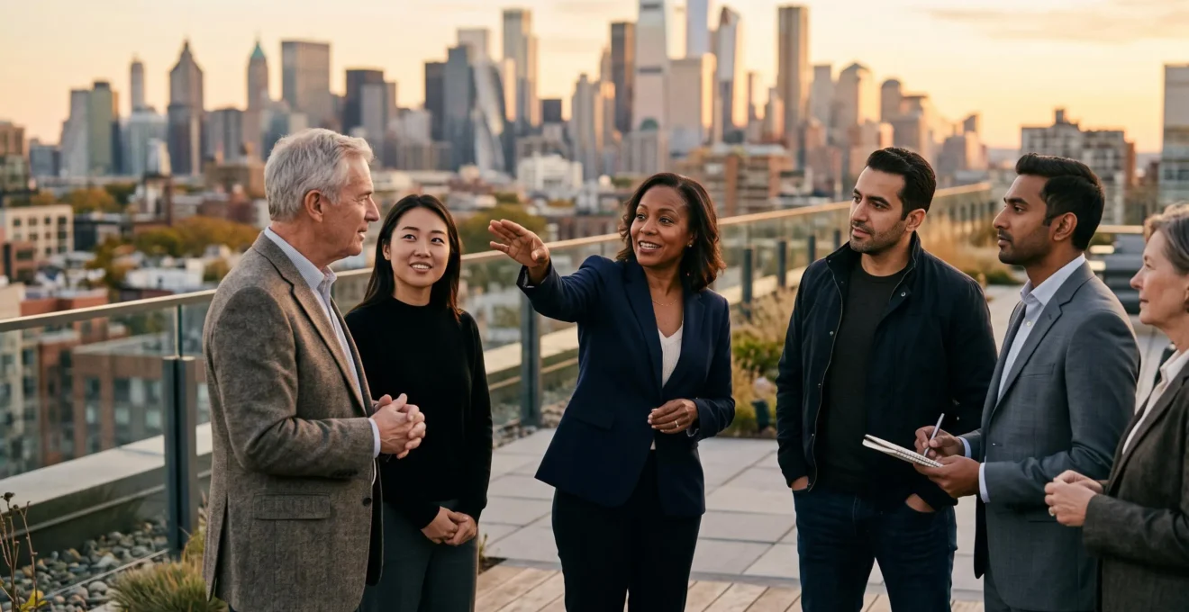Un groupe d'investisseurs echange sur un toit-terrasse face a un quartier d'affaires, symbolisant les droits collectifs des porteurs de parts de SCPI