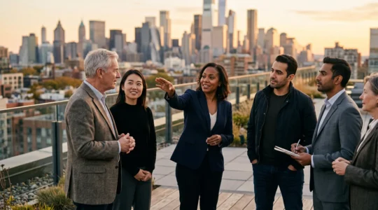 Un groupe d'investisseurs echange sur un toit-terrasse face a un quartier d'affaires, symbolisant les droits collectifs des porteurs de parts de SCPI