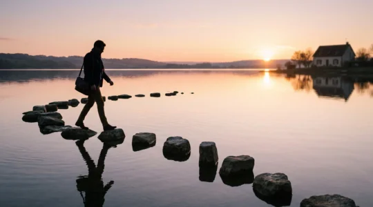 Un travailleur independant traverse symboliquement des pierres de gue de hauteurs irregulieres au-dessus d'une eau calme, illustrant la stabilite financiere malgre des revenus variables