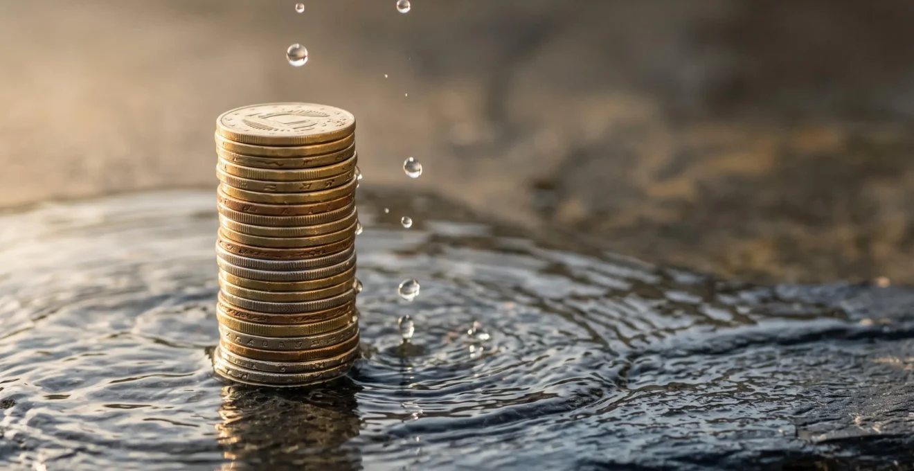 Pièces de monnaie et gouttes d'eau illustrant la liquidité et la croissance d'une épargne disponible