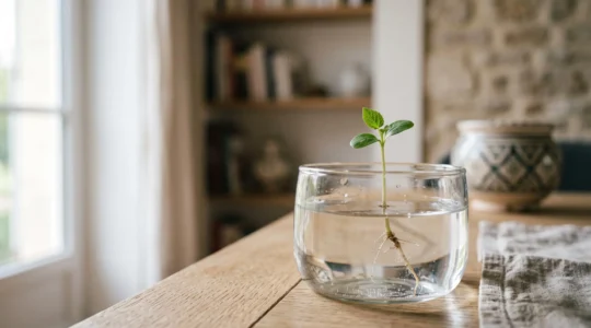 Graine germant dans une eau calme et transparente, symbole d'une epargne qui fructifie sans risque de perte en capital