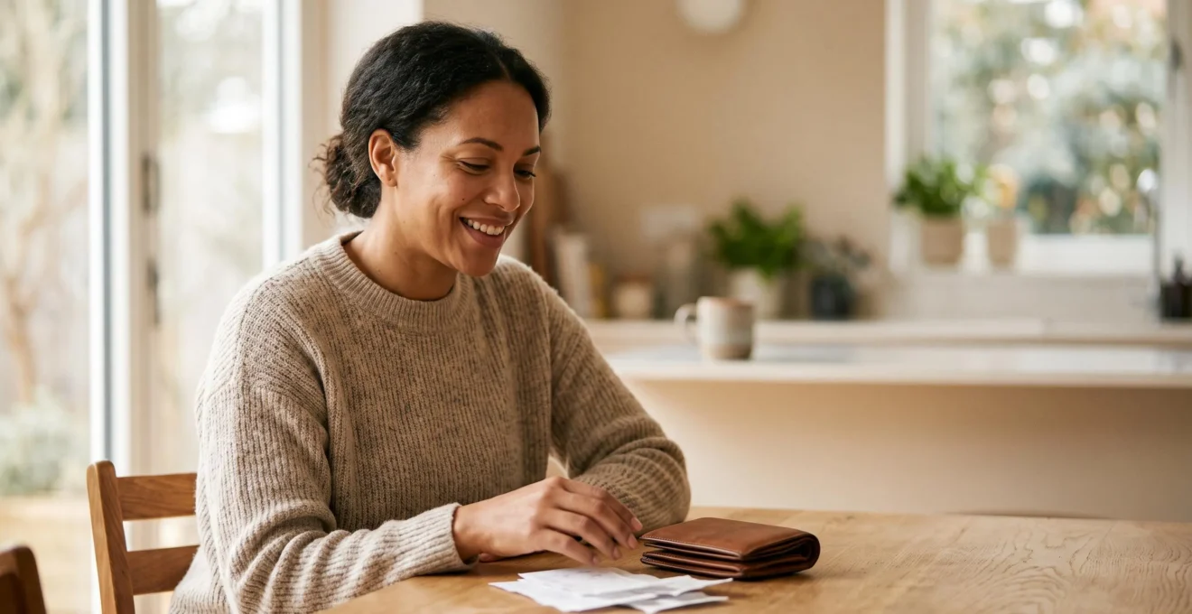 Une personne souriante et soulagée consultant son relevé bancaire allégé, symbolisant la réduction des frais bancaires