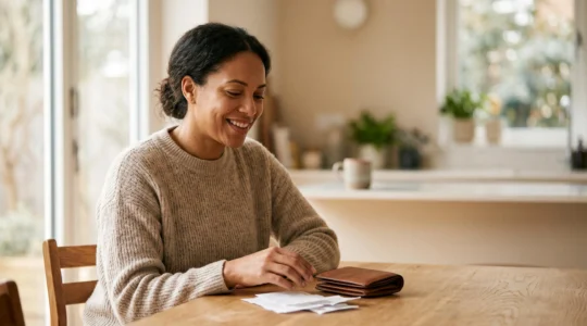Une personne souriante et soulagée consultant son relevé bancaire allégé, symbolisant la réduction des frais bancaires