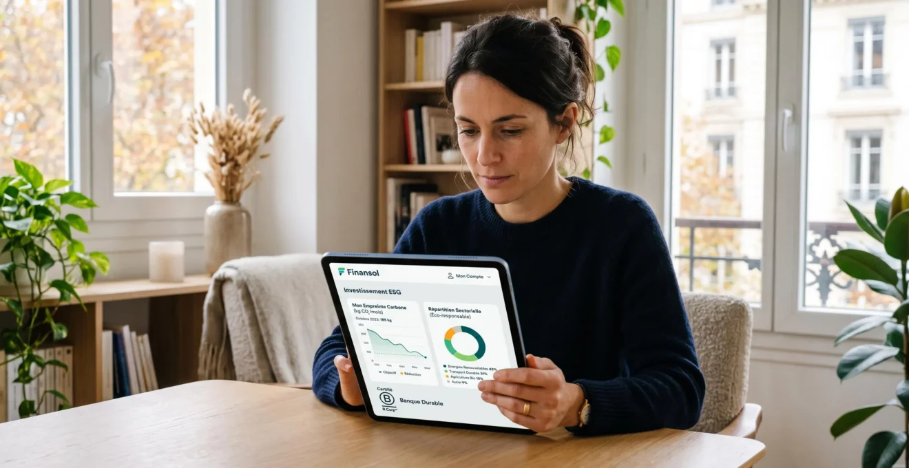 Femme consultant sur tablette une application bancaire responsable affichant indicateurs ESG, graphiques d'impact carbone et labels Finansol, dans un intérieur contemporain lumineux.