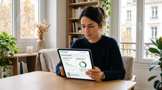 Femme consultant sur tablette une application bancaire responsable affichant indicateurs ESG, graphiques d'impact carbone et labels Finansol, dans un intérieur contemporain lumineux.