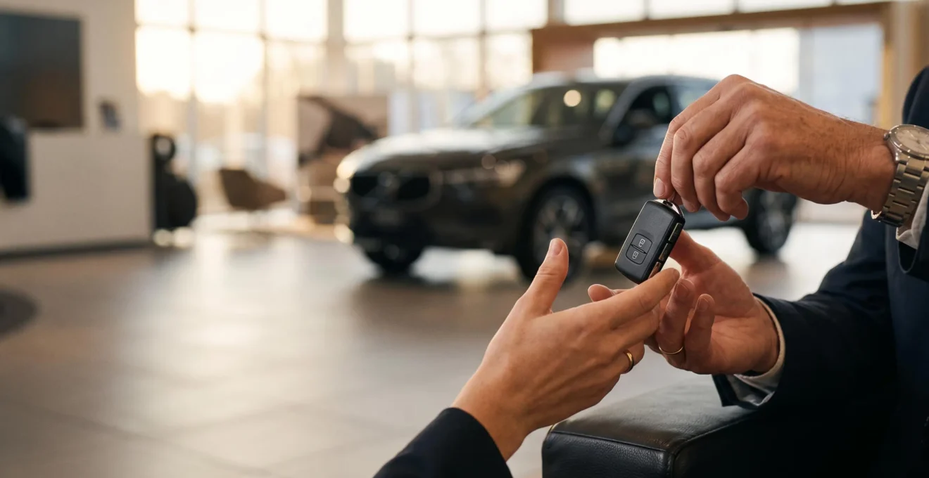 Homme et femme échangeant des clés de voiture devant un véhicule neuf, symbolisant le financement automobile au meilleur taux
