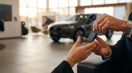 Homme et femme échangeant des clés de voiture devant un véhicule neuf, symbolisant le financement automobile au meilleur taux